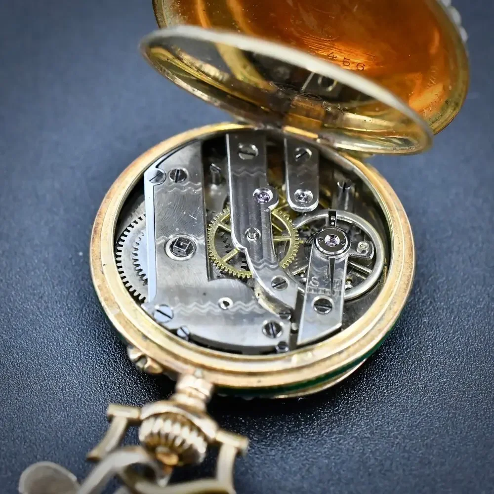 Antique 14K Gold Green Guilloche Enamel Ladies Pendant Watch & Pin Set - NW